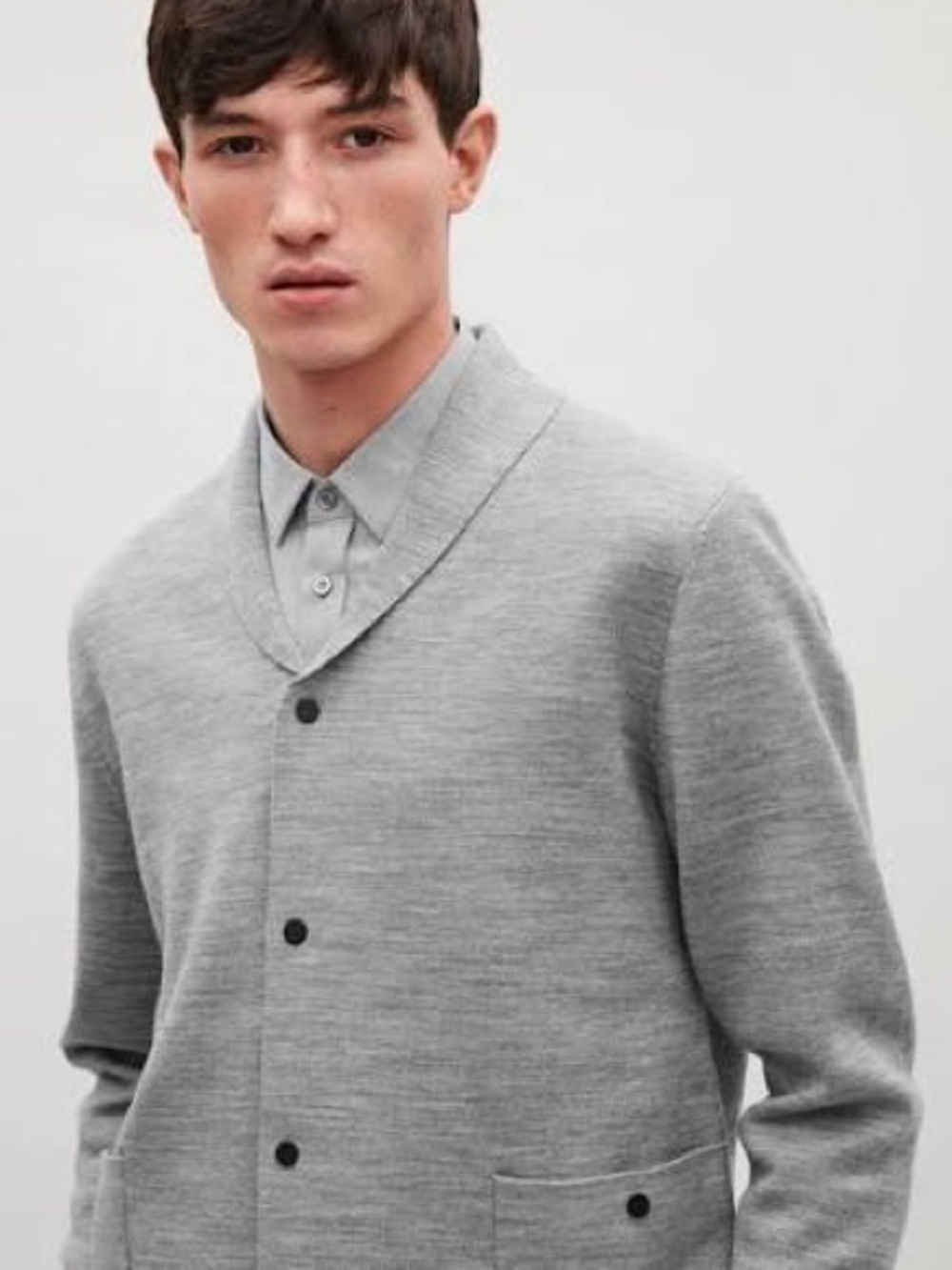COS Men’s Gray Merino Wool Cardigan Sweater Minimal Press-Stud Closure Size M